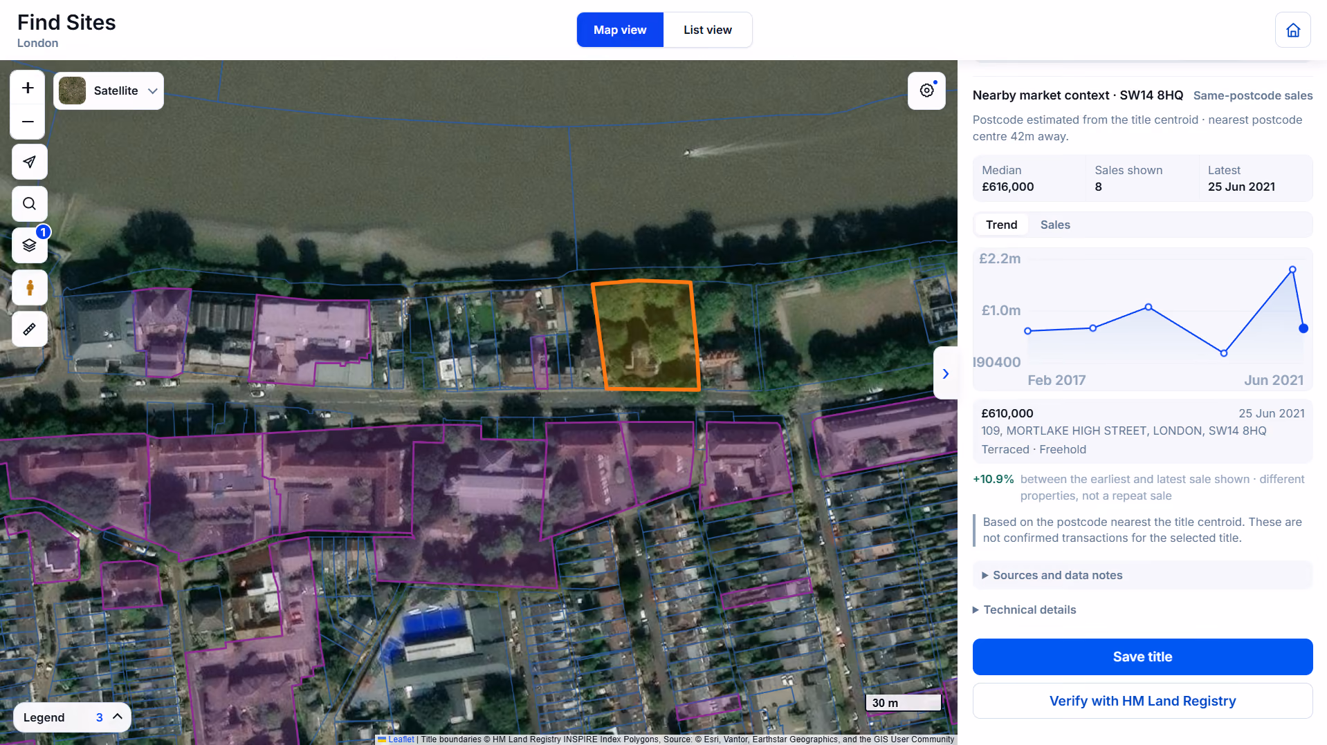 Landicia showing title boundaries on a satellite map with ownership and nearby sale evidence