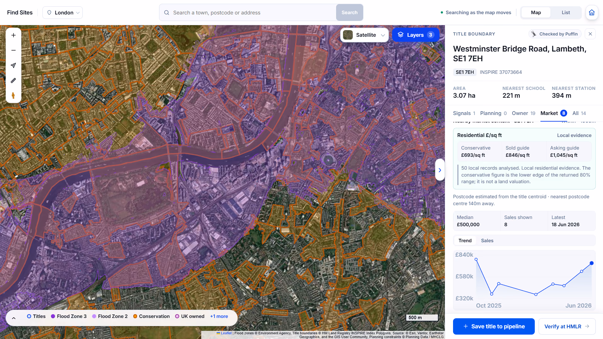 Find Sites map over Lambeth with flood zone 2 and 3, conservation and UK-owned title layers on, beside the title record's market panel showing residential price per square foot