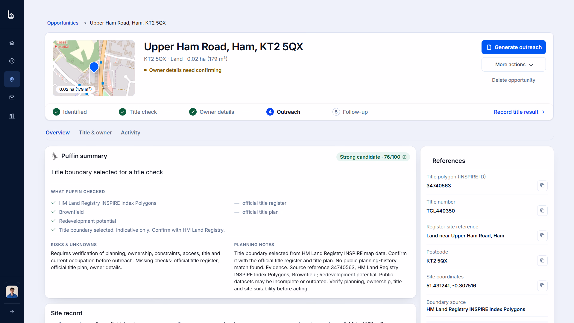 Saved opportunity page with the five-step track from identified to follow-up, a site summary and the title polygon, title number and coordinates ready to copy