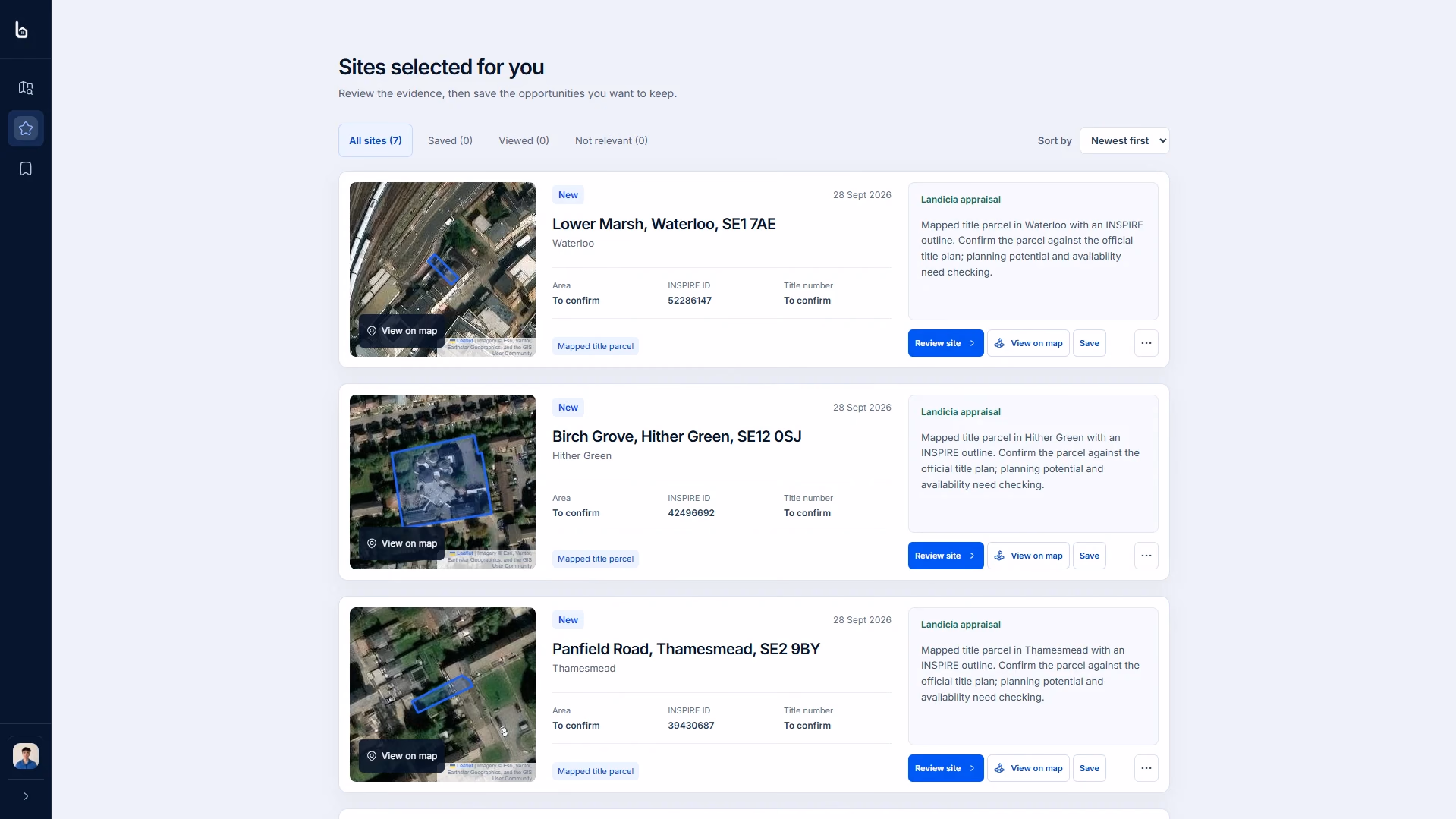 Sites selected for you: Lower Marsh in Waterloo, Birch Grove in Hither Green and Panfield Road in Thamesmead, each with an aerial view of the title, its INSPIRE ID and a Landicia appraisal