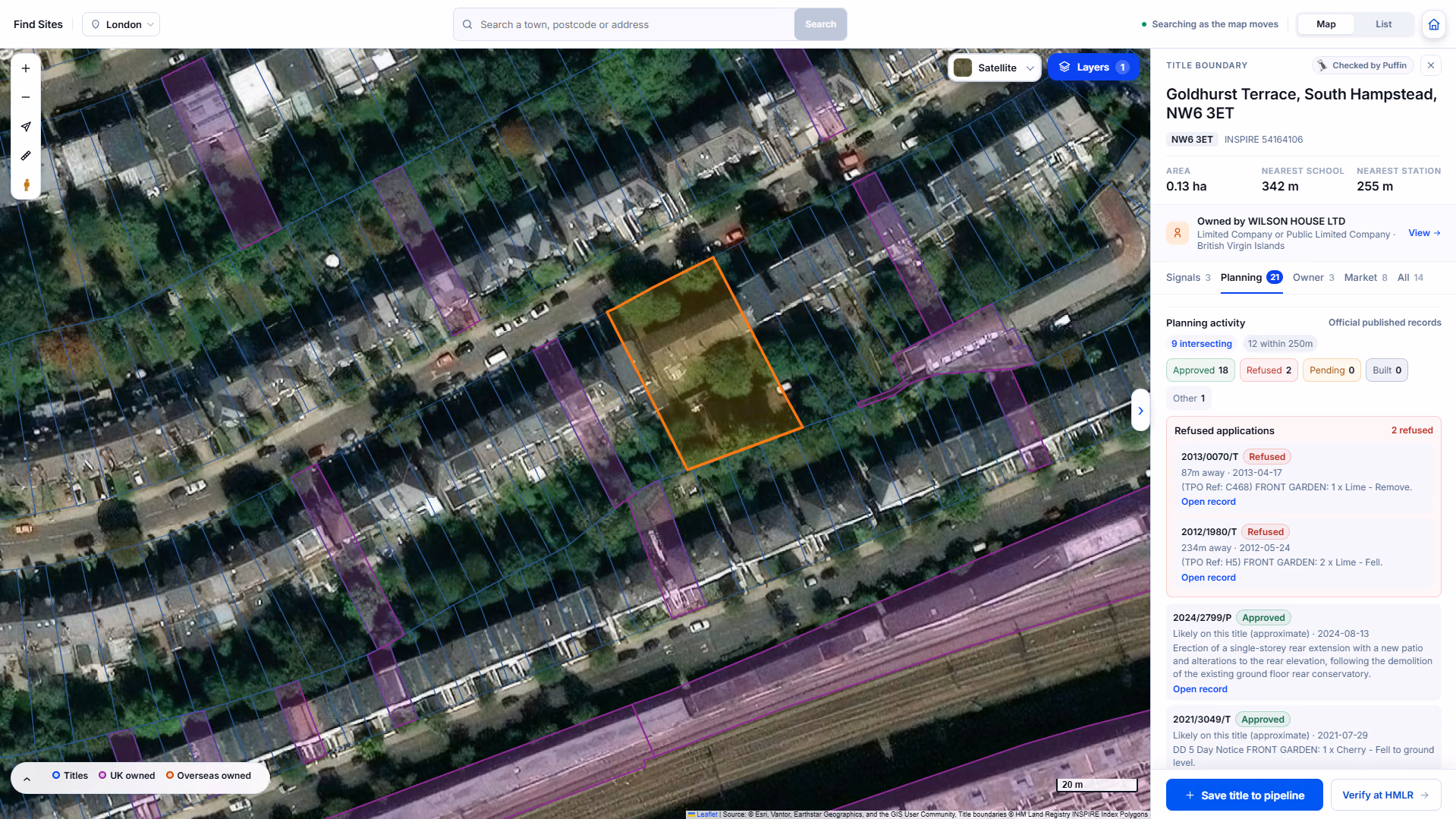 Title boundary record with the planning tab open, the registered owner and a verify at HM Land Registry action