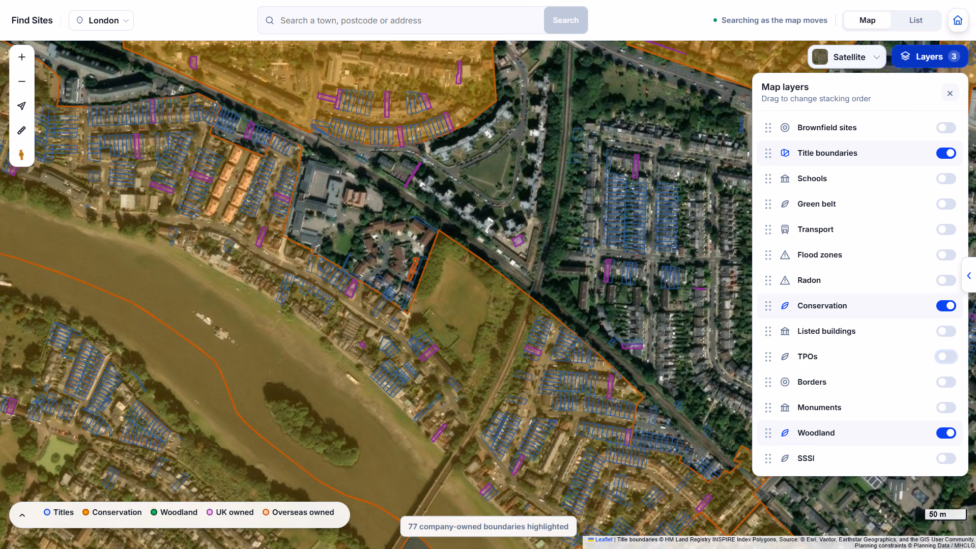 Map layers panel with title boundaries, conservation and woodland switched on, and 77 company-owned boundaries highlighted on the map