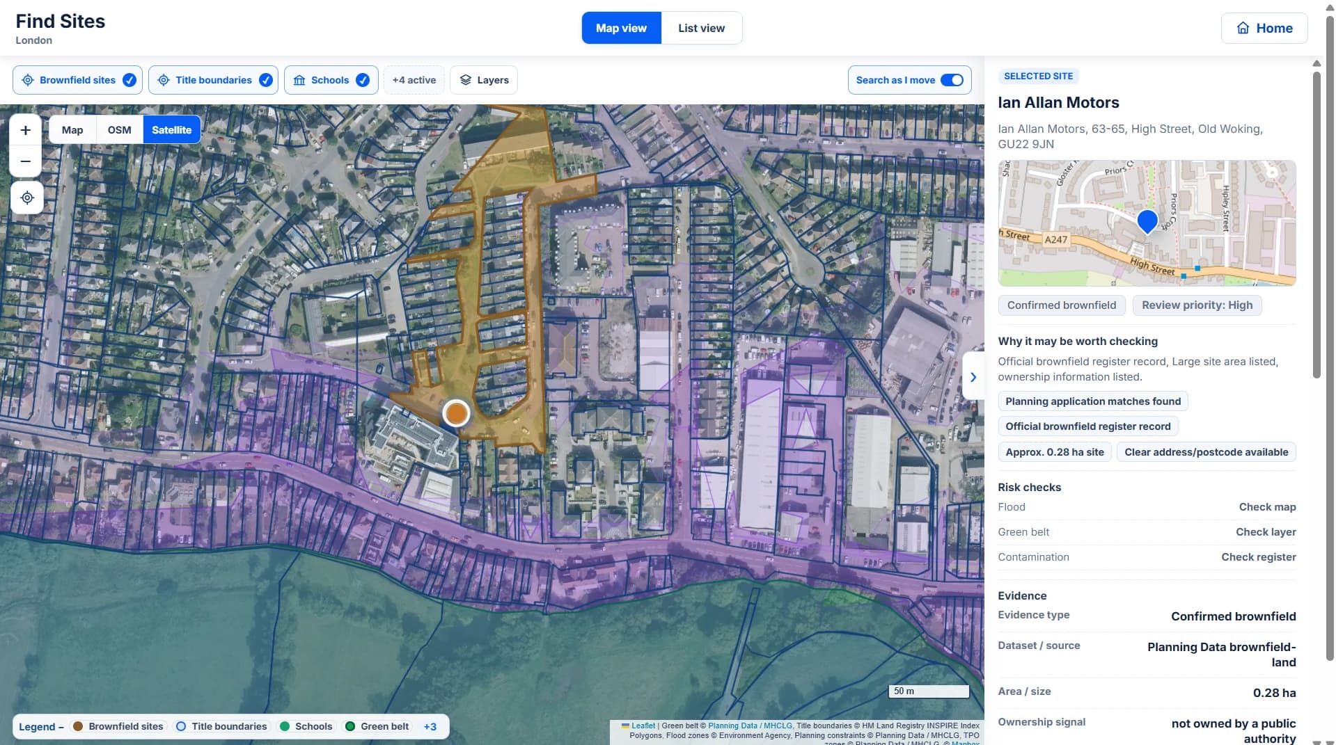 Map-first Landicia site discovery interface with selected-site details