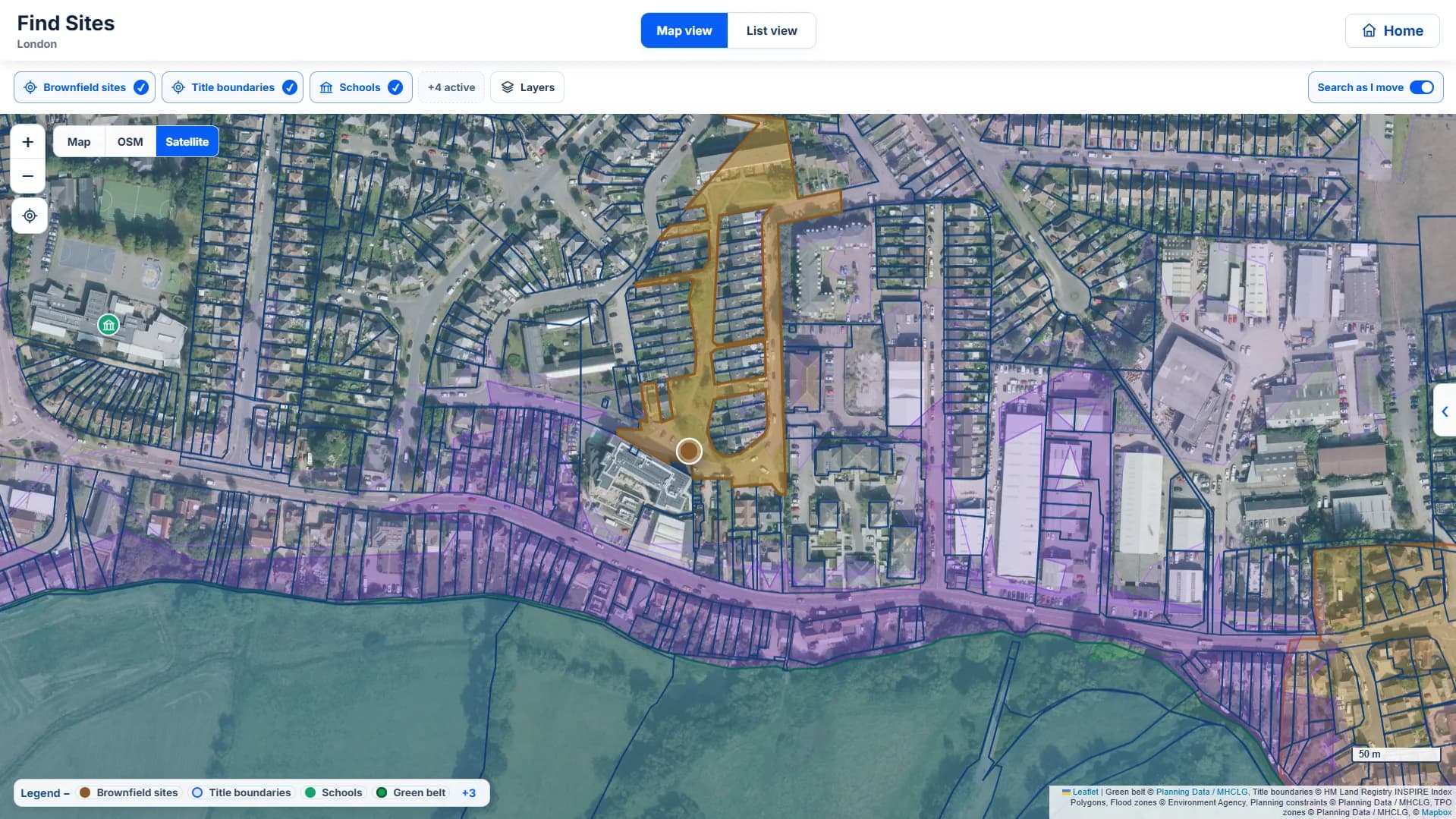 Landicia Find Sites map showing brownfield opportunities and possible title boundaries