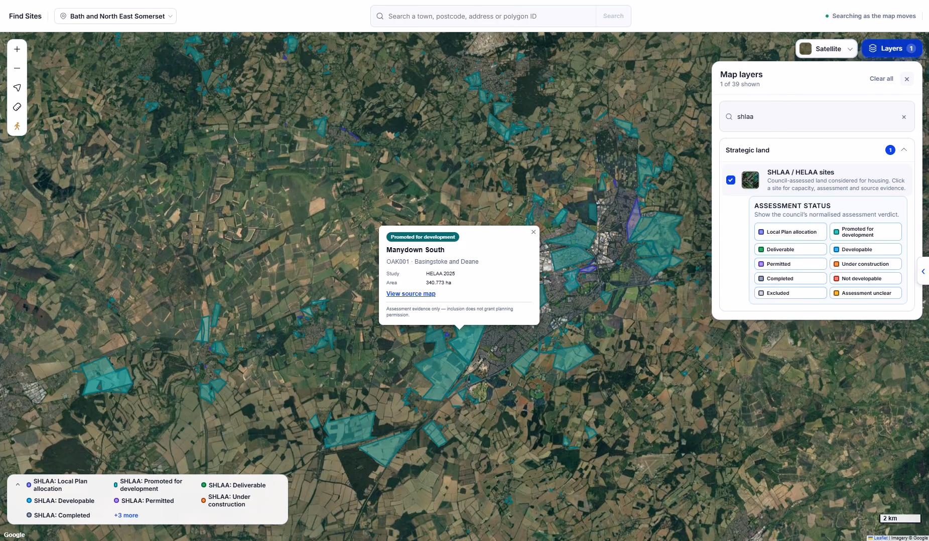 Landicia Find Sites with the SHLAA / HELAA sites layer switched on around Basingstoke, the assessment status filters open, and a pop-up for Manydown South, reference OAK001, from the Basingstoke and Deane HELAA 2025