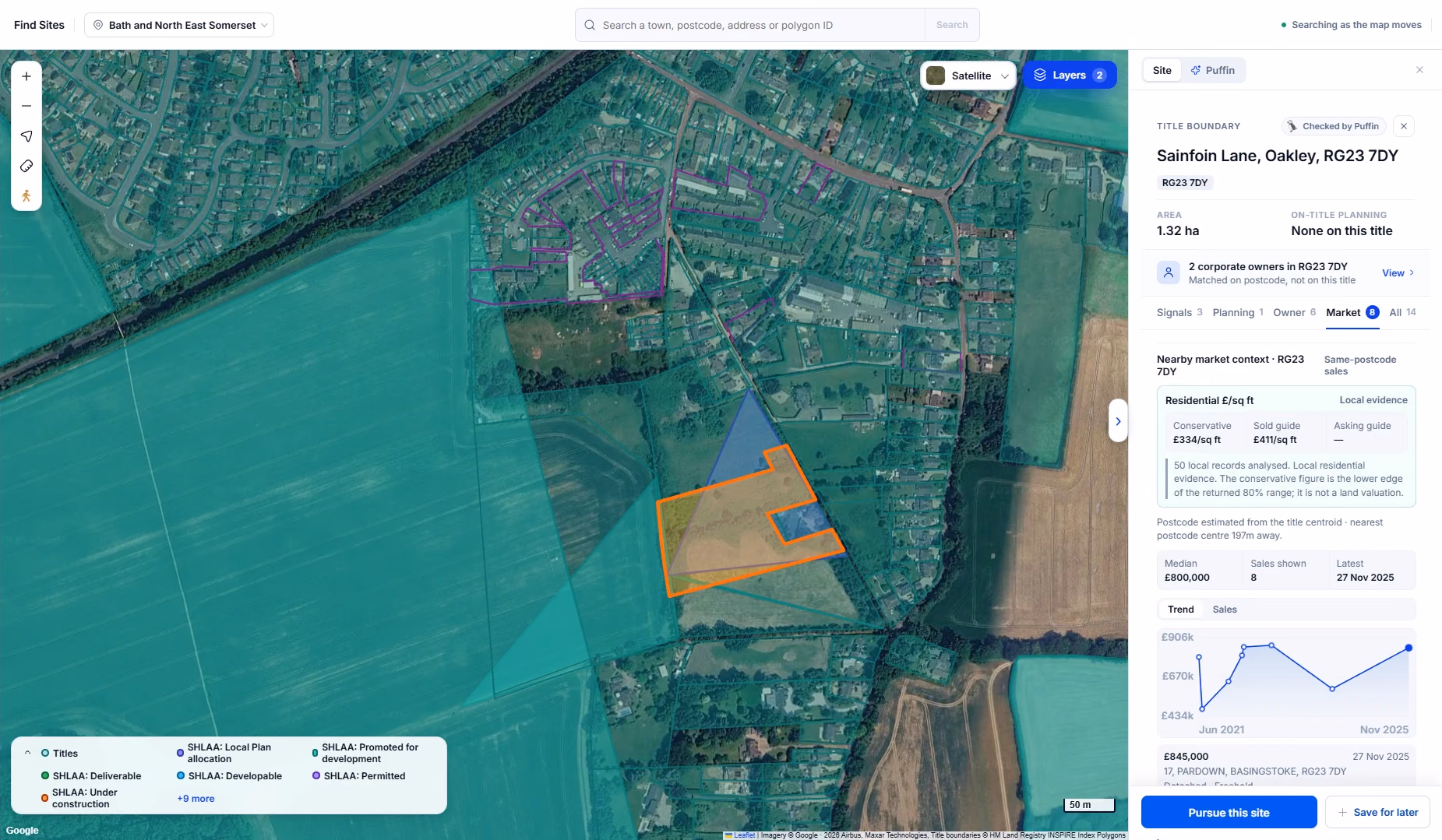 Zoomed-in Landicia map at Oakley with SHLAA sites and title boundaries on, a 1.32 hectare title at Sainfoin Lane selected and its side panel showing no on-title planning, two corporate owners in the postcode and residential sale evidence per square foot