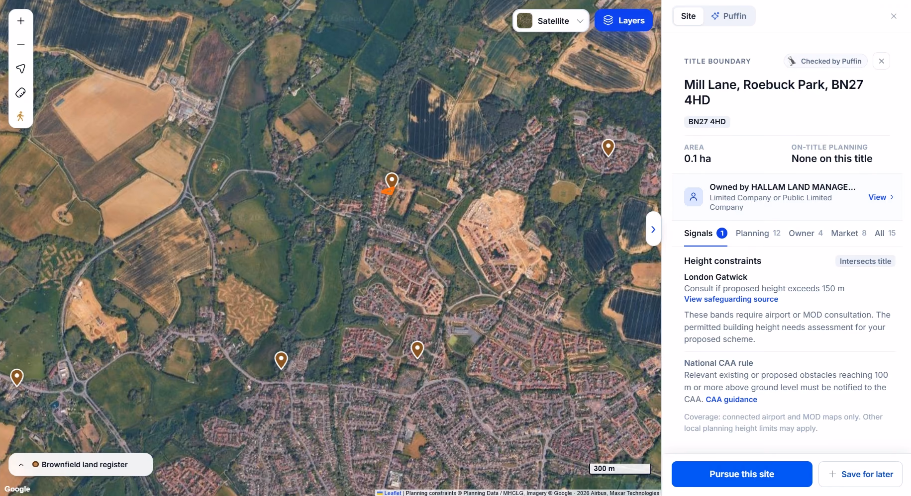 Landicia Find Sites on satellite imagery around Hellingly, with the brownfield land register layer switched on. Register entries show as map pins. A 0.1 hectare title at Mill Lane, Roebuck Park, BN27 4HD is selected in orange next to one pin. The side panel shows no on-title planning, a corporate owner and a Gatwick height safeguarding signal.