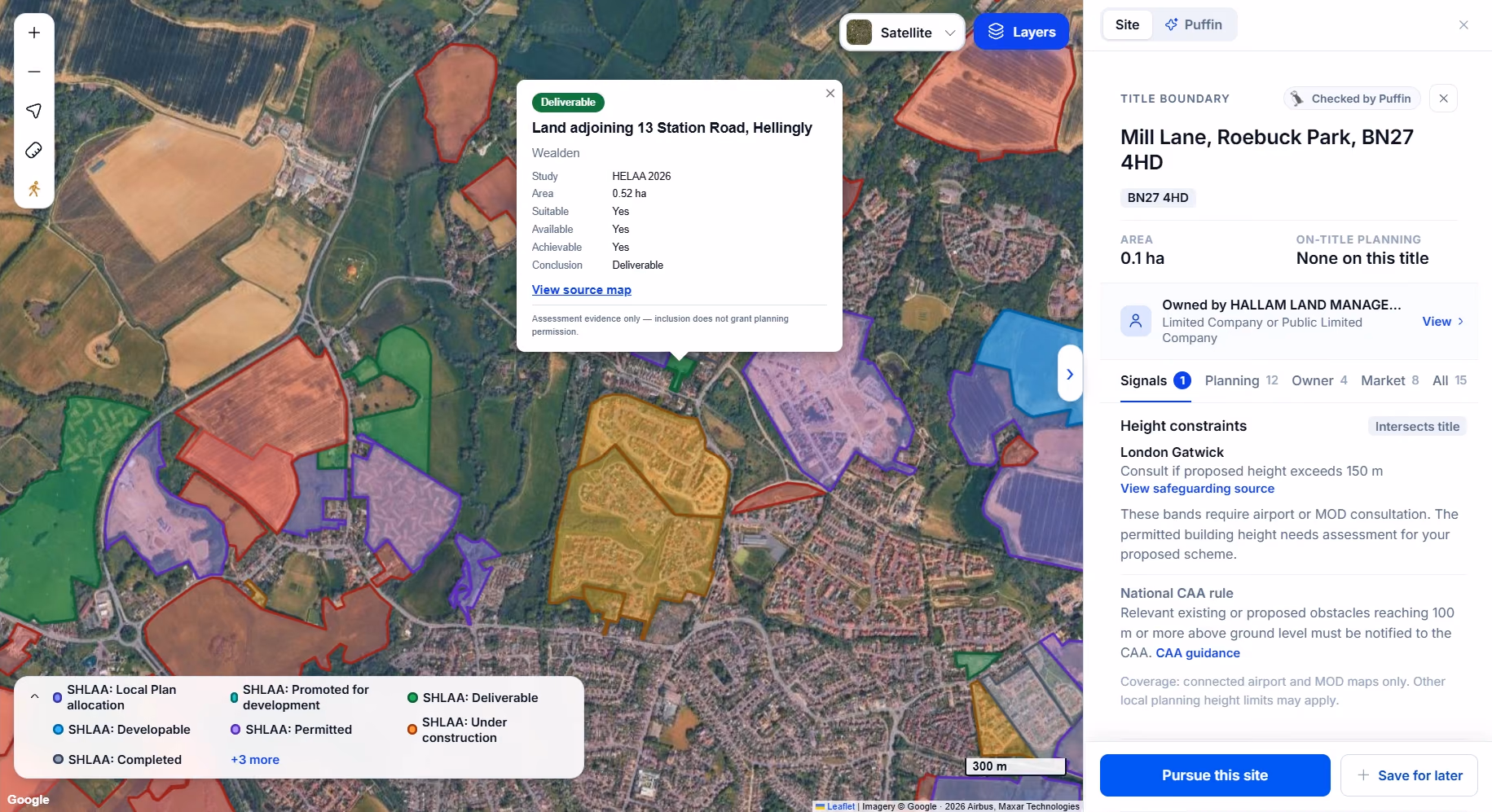Landicia Find Sites with the SHLAA and HELAA layer switched on around Hellingly. Coloured outlines show assessed sites by category. A popup for Land adjoining 13 Station Road, Hellingly, Wealden, shows HELAA 2026, 0.52 hectares, suitable, available and achievable all yes, conclusion deliverable, and a note that inclusion does not grant planning permission.