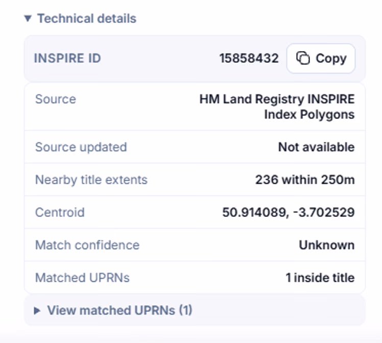 Technical details for the selected title: INSPIRE ID 15858432 from HM Land Registry INSPIRE Index Polygons, 236 title extents within 250 metres, the centroid coordinates and one matched UPRN inside the title