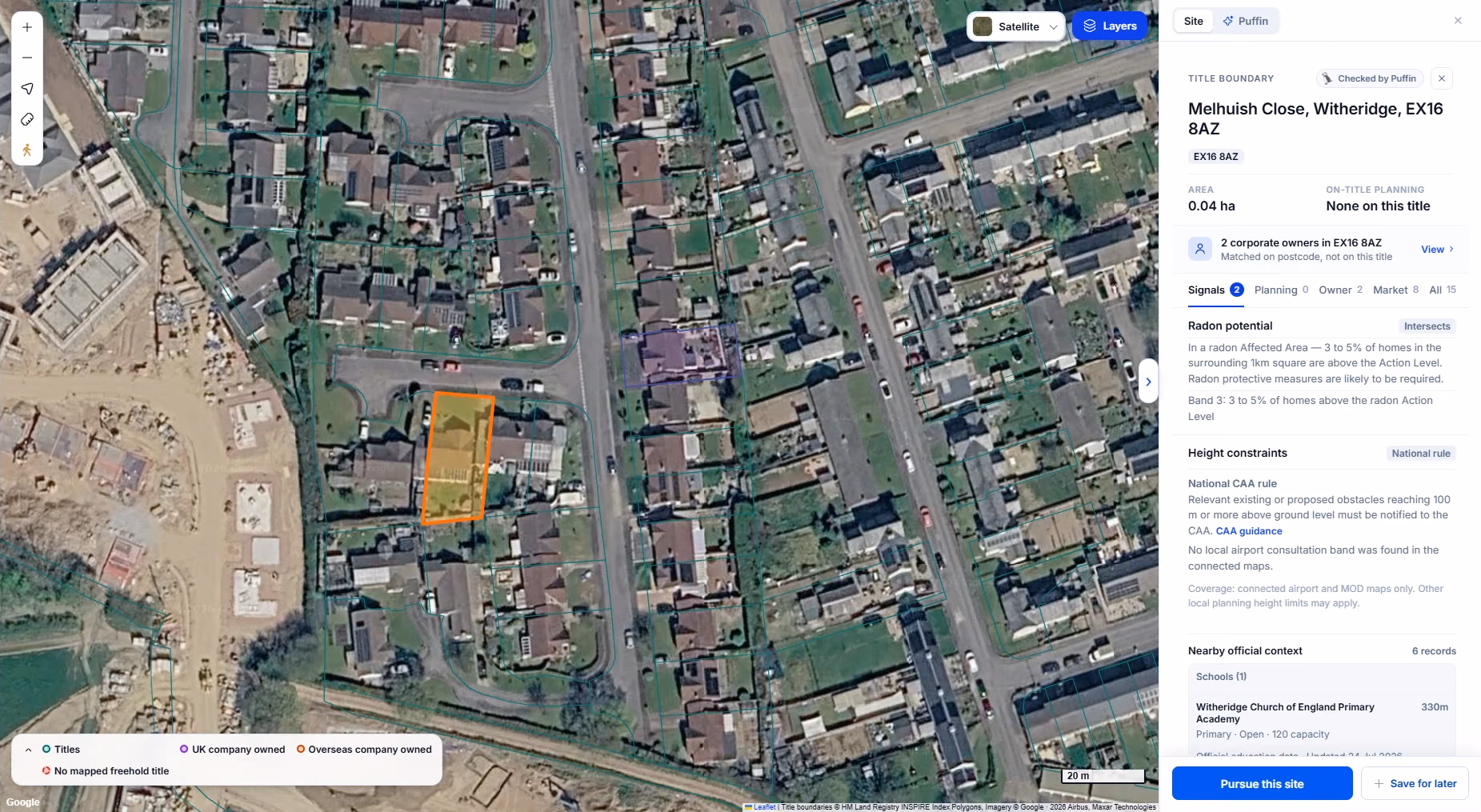 Landicia Find Sites on satellite imagery with HM Land Registry title outlines drawn over a housing estate. One 0.04 hectare title at Melhuish Close, Witheridge, EX16 8AZ is selected in orange. The side panel shows no on-title planning and two corporate owners in the postcode that are not matched to this title.