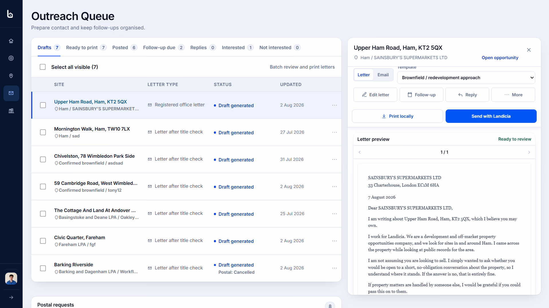 Landicia outreach queue showing letter drafts, delivery status and a letter preview