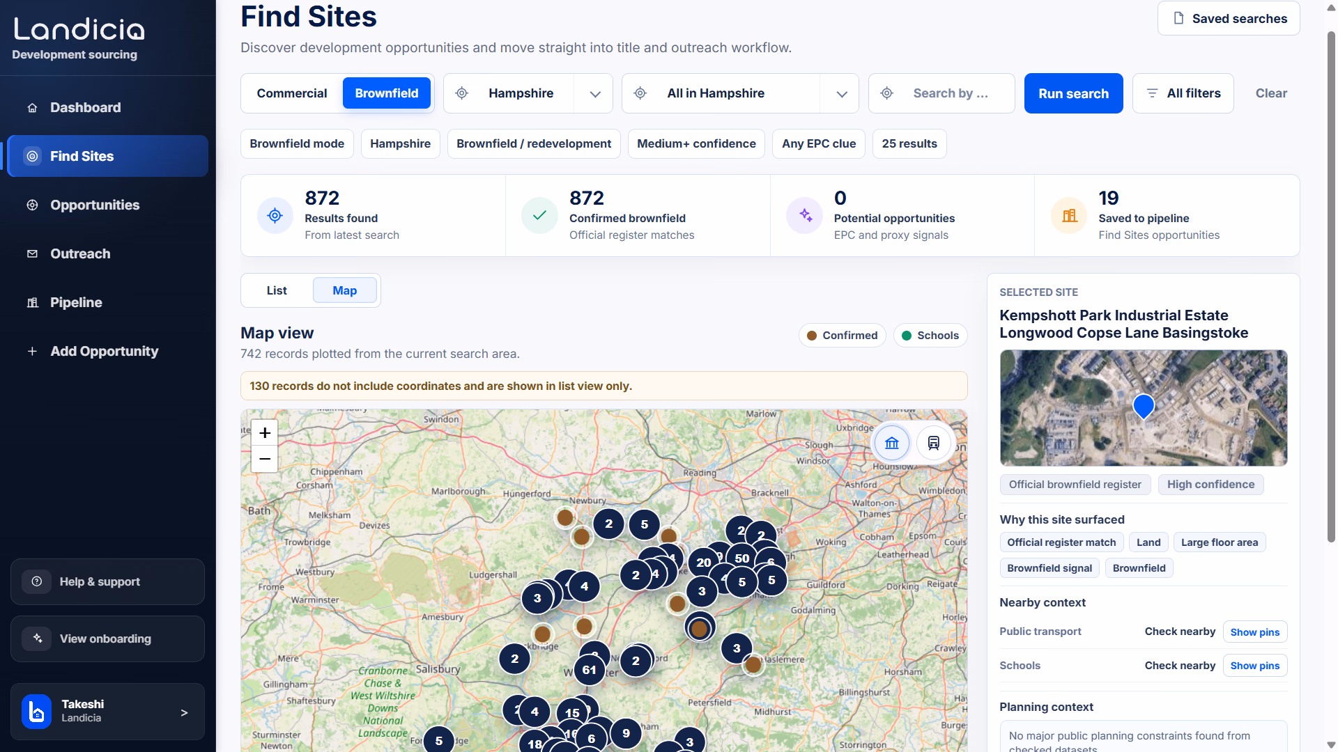 Earlier Find Sites view showing brownfield opportunities across Hampshire