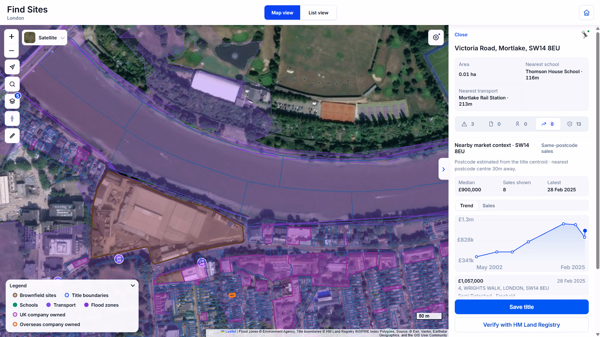 Find Sites title review showing a selected boundary and nearby market context